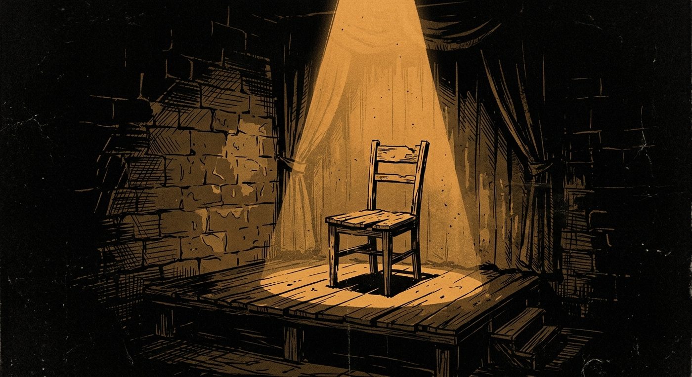 The stage at The Velvet Hook: an empty splintered wooden chair on a low platform, lit by a single harsh amber spotlight against damp limestone walls.